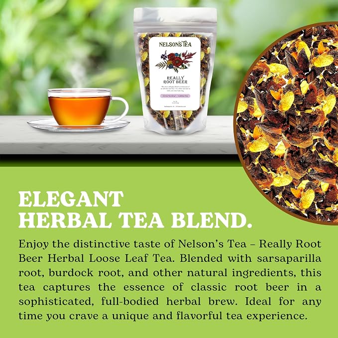 Nelson's Tea Really Root Beer - Cut & Sifted Sarsaparilla Root Tea Loose Leaf - Caffeine Free, Classic Herbal Blend with Burdock, Birch Bark, Dandelion, Licorice, Ginger and More (16 oz)