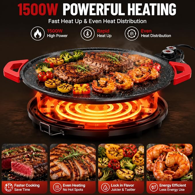 1500W Portable Electric Korean Smokeless Non-stick Indoor Grill Pan, Adjustable Temp Control, Universal Fry Griddle, Portable Barbecue Grill, Home Cooking Kitchen Gadget ，12in
