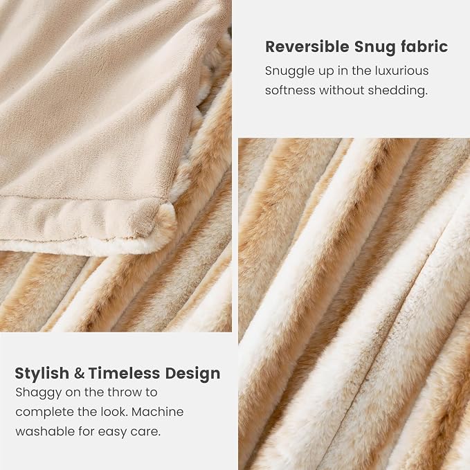 Cozy Bliss Faux Fur Throw Blanket for Couch, Cozy Warm Plush Striped Blanket for Sofa Bedroom Living Room,60 * 80 Inches Khaki