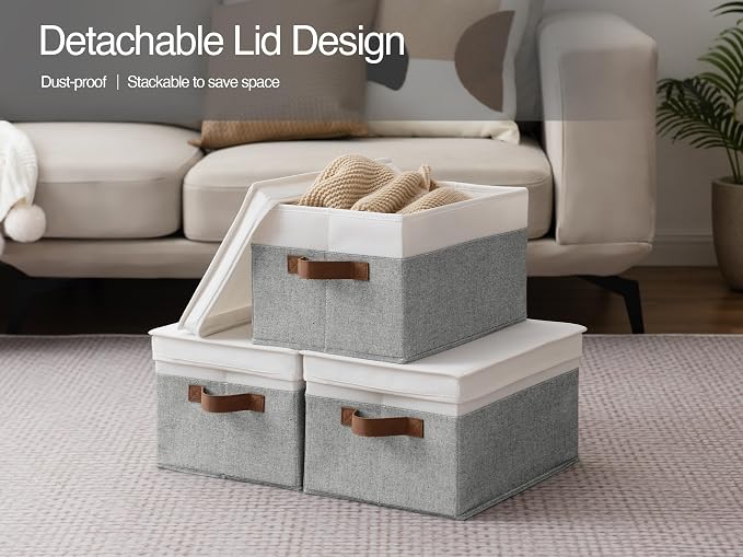StorageWorks Fabric Storage Bins with Lids, Closet Storage Bins | Lidded Dust-proof, Easy Pull Handles, Foldable, Stackable, Ideal for Clothes Blanket Towel, Large, Gray and White, 3-Pack