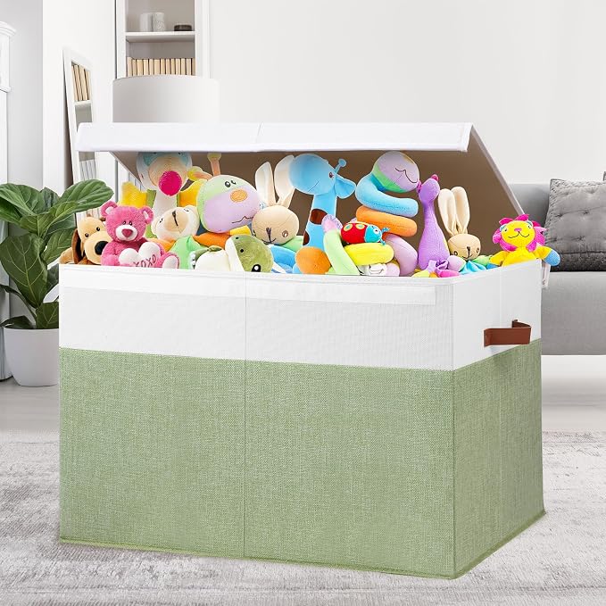 Large Toy Storage Box with Lid, Toy Chest Bin Boxes Basket with Dividers | Sturdy Toy Organizer Bin for Kids, Boys, Girls, Nursery, Living Room, Bedroom, Playroom 26"x17" x17" (Green and White)