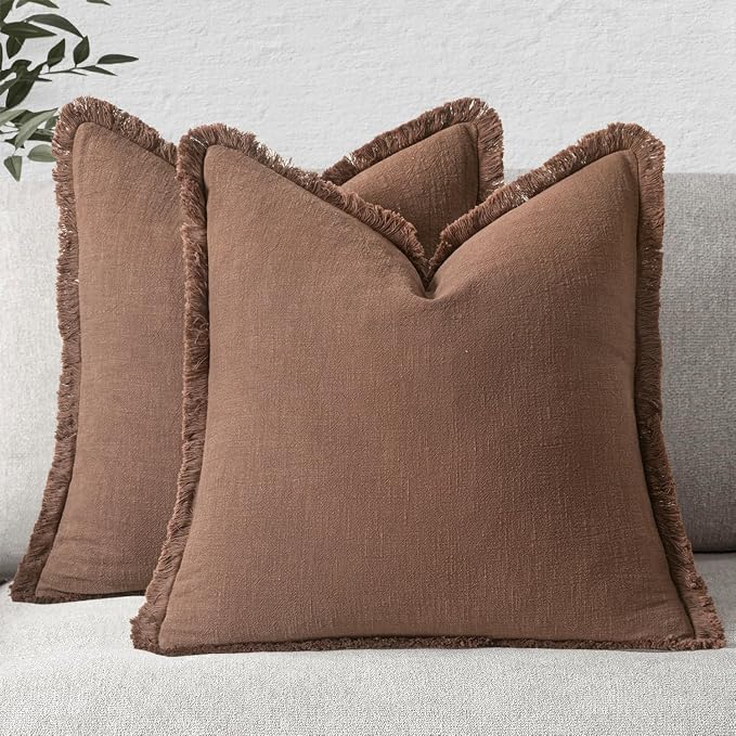 MIULEE Linen Fringe Decorative Fall Euro Pillow Covers Dark Coffee 24x24 | Set of 2, Cottagecore Decor, Boho Farmhouse Neutral Throw Pillow Covers, Rustic Fall Couch Cushions for Sofa Bed Living Room