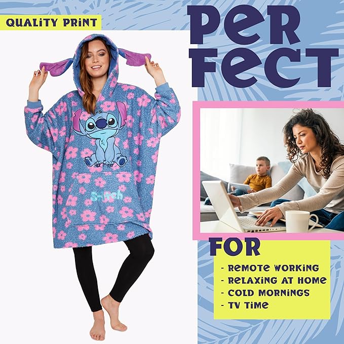 Disney Fleece Hoodie for Adults and Teenagers Oversized Hooded Poncho One Size - Stitch Gifts