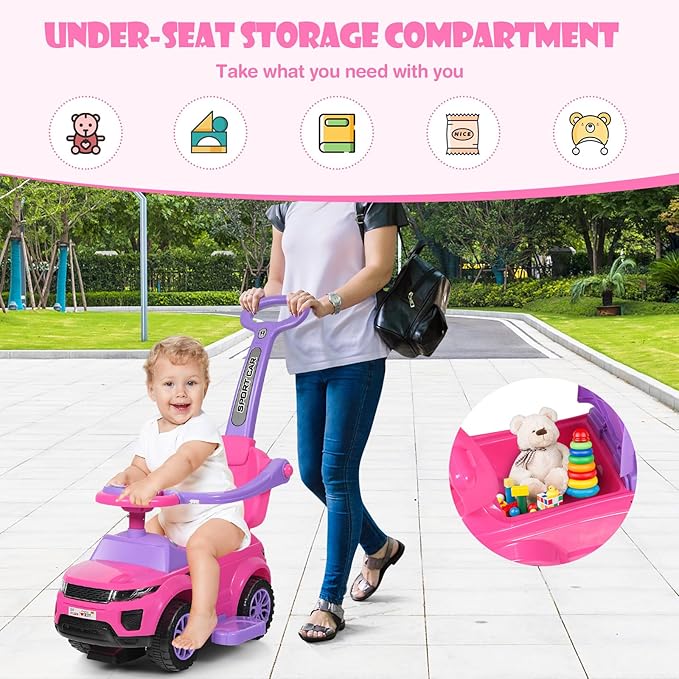 GLACER Push Cars for Toddlers 1-3, 3-in-1 Kids Sliding Car with Detachable Guardrail, Horn, Music, Lights, Storage Box and Anti-Roll Design, Ride on Push Car for Boys Girls (Pink)
