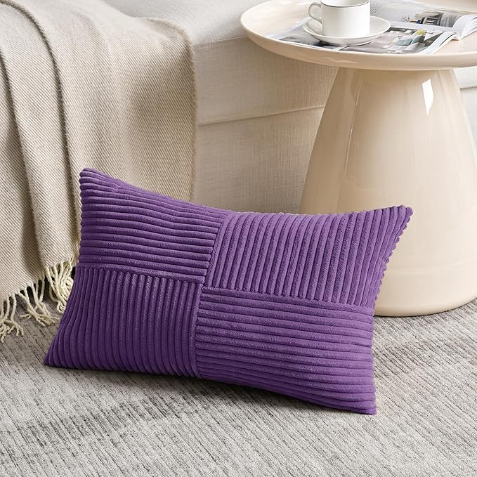 Fancy Homi Set of 2, Purple Patchwork Corduroy Decorative Soft Striped Modern Accent Cushion Case Farmhouse Boho Neutral Throw Pillow Covers for Chair Couch Bed Sofa Living Room 32x16 Inch