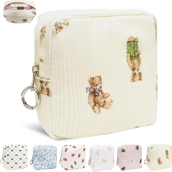 Period Bag for Girls, Corduroy Period Kit with Sanitary Pad Pouch, Menstrual Storage Bag and Tampon Holder for Purse, Girls School Essentials,Feminine Care Organizer(Cute Bear)