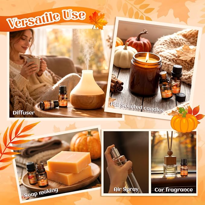 Fragrance Oil Autumn Set,Fall Essential Oils, Pumpkin Spice,Cinnamon & Apple,Fireplace, Autumn Wreath, Warm Flannel, Fall Scents for Diffuser, Candles Making Scent