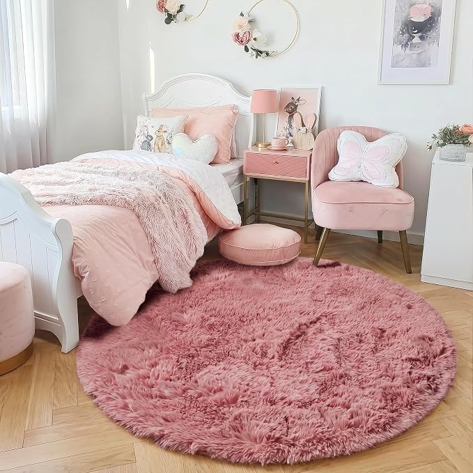 Blush Pink Small Round Rug 3Ft for Kids Bedroom, Fluffy Fuzzy Furry Circle Area Rugs for Girls Room Decor Aesthetic, Shaggy Circular Carpet for Nursery Dorm Baby, Cute Neutral Dusty Rose Mauve Rug