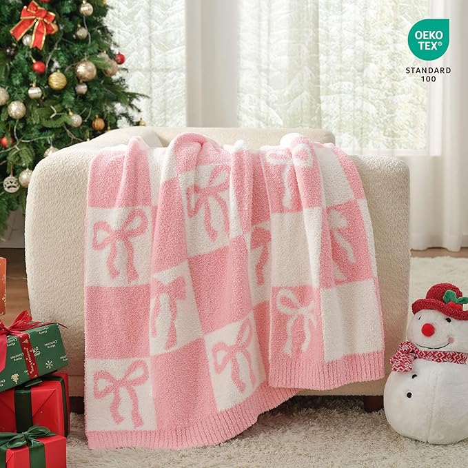 Snuggle Sac Bow Throw Blanket for Couch, Microfiber Fluffy Warm Cozy Fuzzy Reversible Checkered Blankets for Sofa, Chair, Bed, 60x80 inches