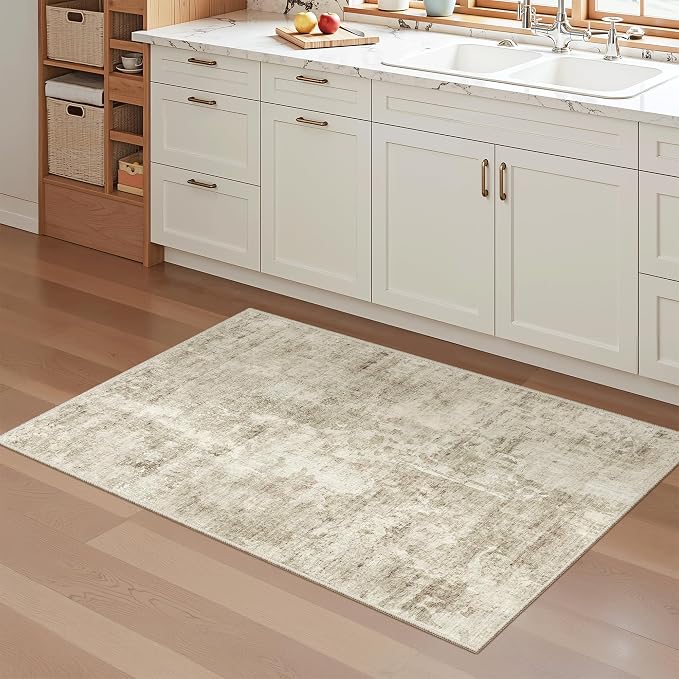 Soalmost 2x3 Abstract Washable Rugs for Kitchen, Small Area Rug Beige/Gray | Non-Slip Vintage Low Pile Throw Door Mat For Bathroom Entryway Laundry Room, Stain Resistant Indoor Entrance Floor Carpet