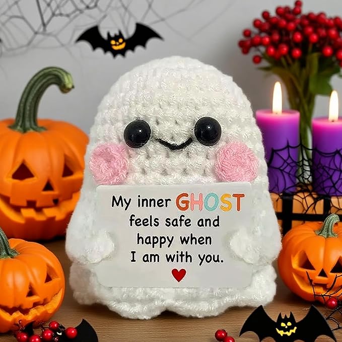 Halloween Handmade Emotional Support Crochet Positive Ghost Crochet Animals Emotional Support Crochet Gift,Inspiring Gifts for Him Her,Men Women, Colleague Son