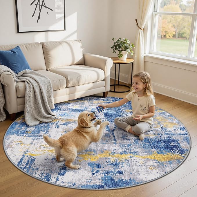 RELEANY Washable Round 8ft Area Rug for Living Room Blue Gold | carpet for bedroom, kitchen, office, hallway and entryway, printed pattern, non-slip, soft, stain-resistant, easy to clean