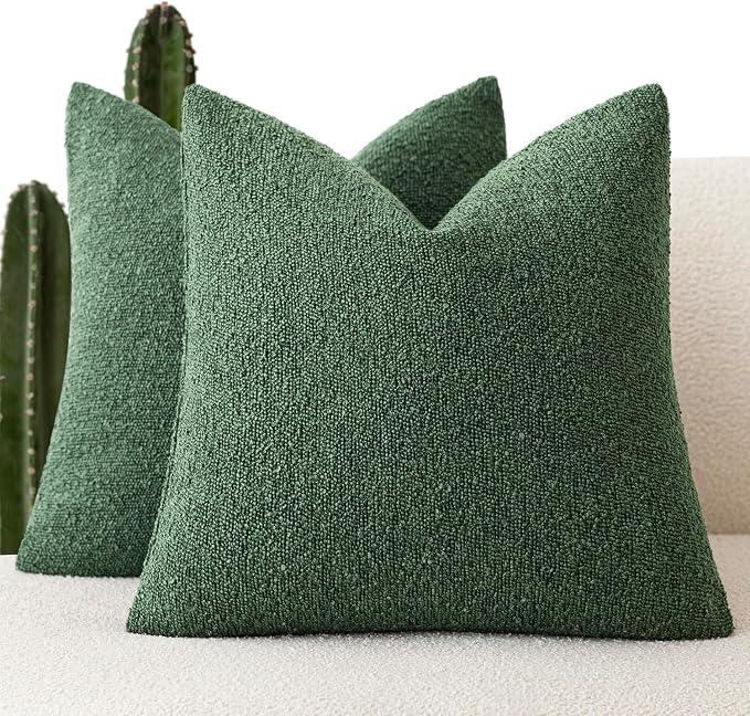 Foindtower Set of 2, Decorative Textured Boucle Throw Pillow Covers Accent Solid Pillow Cases Neutral Cozy Couch Cushion Case for Chair Sofa Bedroom Living Room Home Decor 26x26 Inch Pine Green