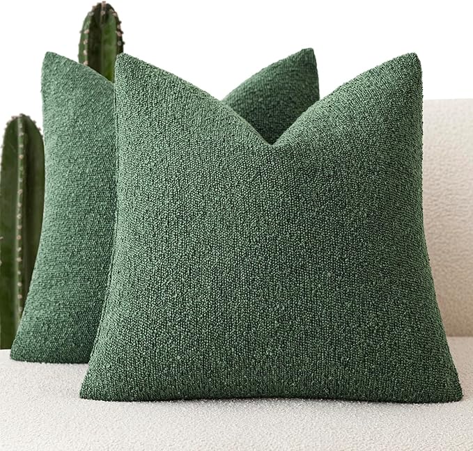 Foindtower Set of 2, Decorative Textured Boucle Throw Pillow Covers Accent Solid Pillow Cases Neutral Cozy Couch Cushion Case for Chair Sofa Bedroom Living Room Home Decor 24x24 Inch Pine Green