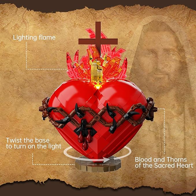 Jesus Heart Building Set,Sacred Heart Model Compatible with Lego,Bible Themed Christian Decorative Items,Religious Gift for Adults or Women(667 PCS)
