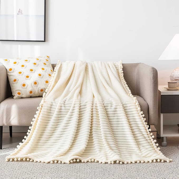 DISSA Fleece Blanket Queen Size – 71x80, Beige - Soft, Plush, Fluffy, Fuzzy, Warm, Cozy – Perfect Throw for Couch, Bed, Sofa - with Pompom Fringe - Flannel Blanket