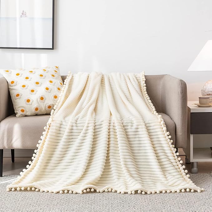 DISSA Fleece Blanket Twin Size – 60x80, Beige - Soft, Plush, Fluffy, Fuzzy, Warm, Cozy – Perfect Throw for Couch, Bed, Sofa - with Pompom Fringe - Flannel Blanket