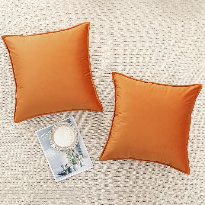 Velvet Orange Throw Pillow Covers 16”x16”Pack of 2 Soft Decorative | Square Cushion Covers for Couch Sofa Bed Livingroom Car Home Decor,40x40Cm