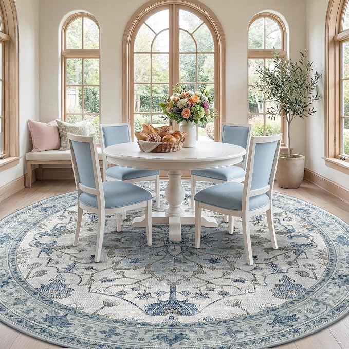 RELEANY Area Rugs Round 8ft Washable Non-Slip, Floral Vintage Distress Medallion Carpet for Living Room Bedroom Dining Room, Light Blue Navy Gray White