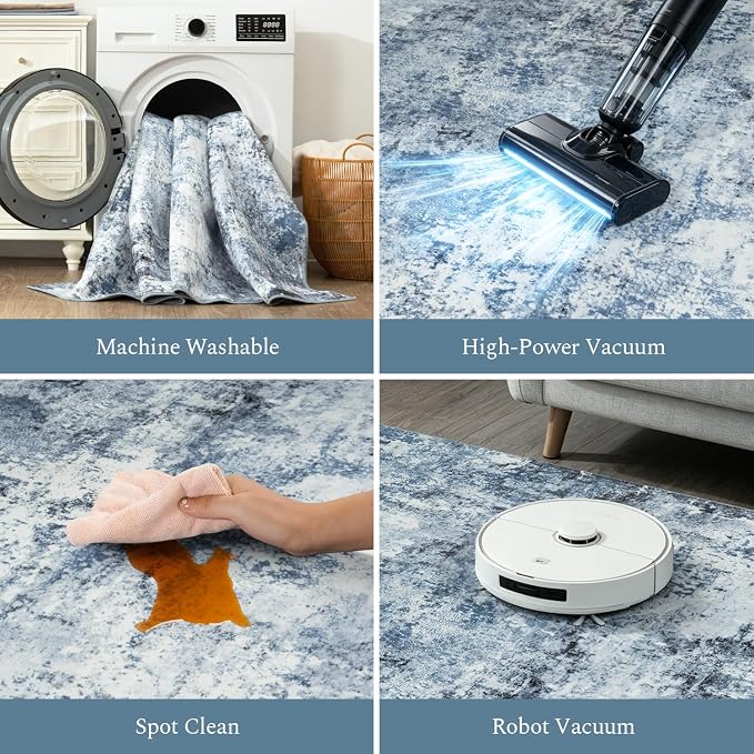 Rugflix 5x7 Area Rugs for Living Room, Washable Light Blue Grey Large Rug | Machine Washable; Stain-Resistant; Low Pile; Non-Slip; Modern Abstract; Black Carpet for Bedroom Dining Office Nursery Home