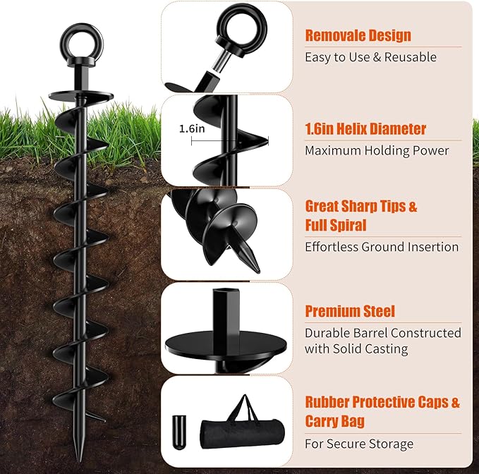 Ground Anchor Screw in, 4 Pack Spiral Trampoline Anchors with Nut and Tool Swing Set Anchors Tent Stakes High Wind Heavy Duty for Sheds, Carports, Mobile Home Black