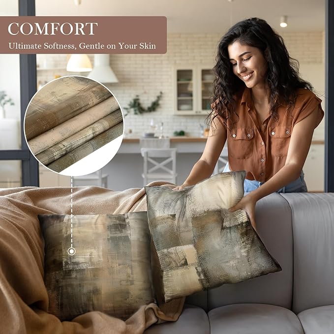 Set of 4 Abstract Throw Pillow Covers 16x16 Brown Tan Gray | Taupe Modern Abstract Art Decorative Cushion Covers, Neutral Pillow Cases for Sofa Couch Bedroom Living Room