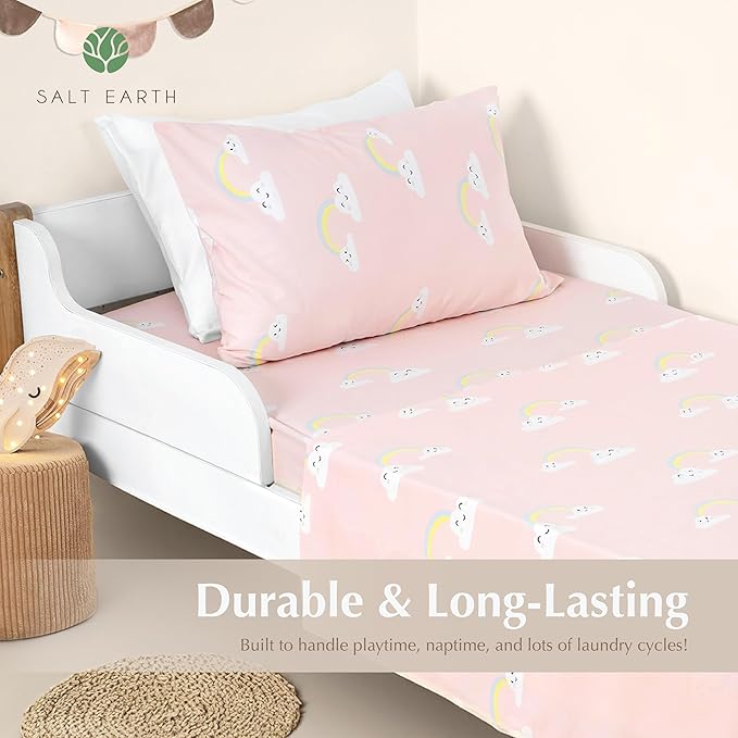 Salt Earth 100% Cotton 210TC Kids Bedsheet, Twin Fitted Sheet, Toddler Bed, 2 Piece Bedding Set- 1 Fitted Sheet and 1 Pillowcase, Themed Toddler Bed Sheets, Cute Sheets for Kids Bed (Rainbow)