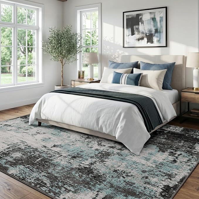 RELEANY Washable Area Rugs 6'x9' Non-Slip Modern Abstract Soft for Living Room Entryway Bedroom Kitchen, Print Pattern, Blue Black Teal