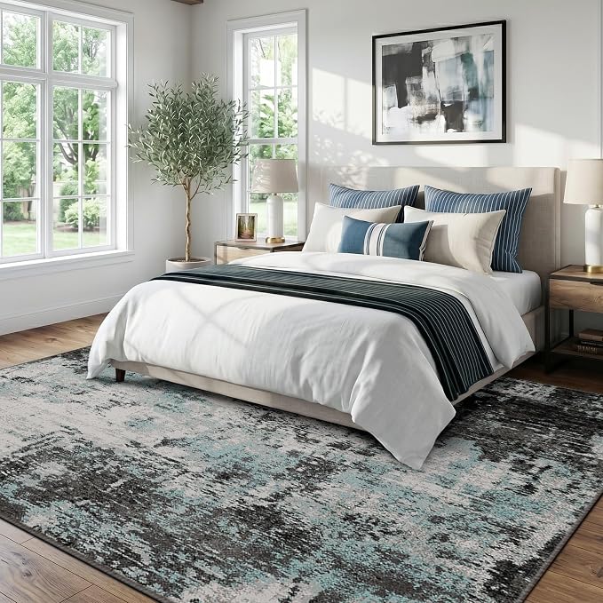 RELEANY Washable 8'x10' Abstract Area Rug for Living Room Teal Black | carpet for bedroom, kitchen, office, hallway and entryway, printed pattern, non-slip, soft, stain-resistant, easy to clean