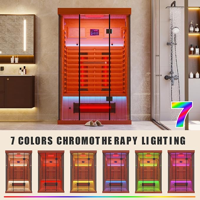 MEISSALIVVE Full Spectrum Infrared Sauna，1-2 Person Home Sauna，Red Cedar Indoor Sauna with Resonance Speaker, Panoramic Tempered Glass Door