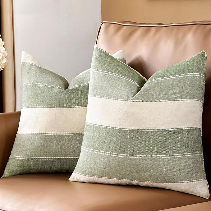 Pack of 2 Farmhouse Stripe Check Throw Pillow Covers Set Case Cotton Linen Decorative Pillowcases Cushion Cover for Couch Bench Sofa 18x18 Inch Sage Green