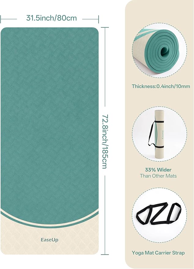 EaseUp Extra Thick Yoga Mat -2/5 inch (10MM), 72.8x31.5" Extra Long-Wide, Professional TPE Non-slip yoga mats for Yoga,Exercise, Workout,Pilates and Fitness, with strap