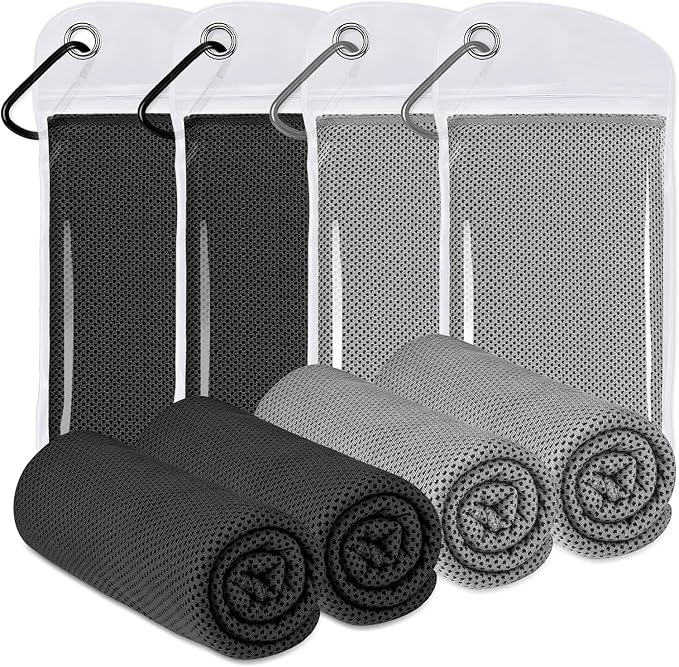 4 Pack Cooling Towels (40"x12"), Cooling Towels for Neck and Face, Gym Towel for Working Out, Soft Breathable Microfiber Ice Towel for Yoga Sport Running (Black/Black/Dark Gray/Dark Gray)