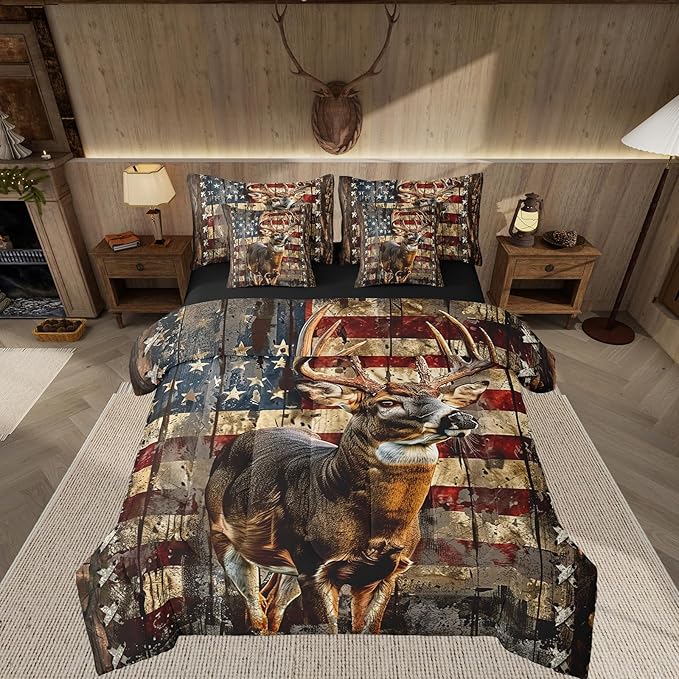 Feelyou Deer Hunting Comforter Set with Sheets American Flag 7 Piece Bedding Set Twin Size for Kids Boys Girls Wild Animal Deer Bed in a Bag Soft Down Bedding Comforters