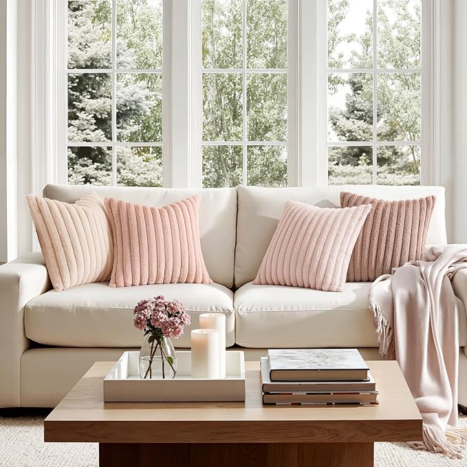 MIULEE Faux Fur Plush Decorative Throw Pillow Covers 16x16, Pink | Set of 4, Striped, Soft Cute Romantic Modern Cozy Home Decor, Cushion Cases for Sofa Couch Bed Living Room