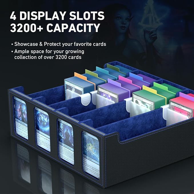 4-Row Trading Card Storage Box, Bulk Cards Case for 3200+ Mtg tcg Magic Playing Game Card Organizer, Commander Deck Box with 4 Supports & 24 Dividers & Strap