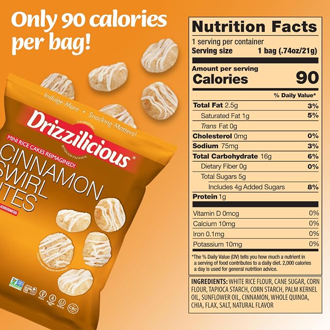 Drizzilicious Mini Flavored Rice Cakes Cinnamon Swirl - Rice Crisps, Healthy Snack for Adults and Kids, Vegan, Gluten Free Snack, Allergen Free, Only 90 Calories Per Bag - 0.74 oz (Pack of 10)