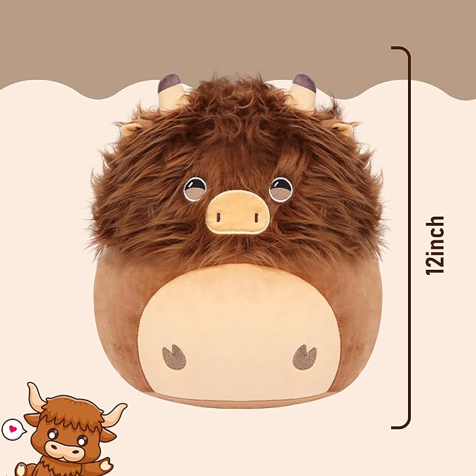 Easfan 12" Highland Cow Plush Pillow Soft Brown Cow Plush Toy Cute Stuffed Animal Home Room Decoration Birthday Festival Gifts for Kids Toddlers