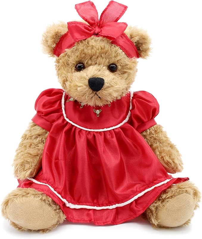 Oitscute Small Baby Teddy Bear with Cloth Cute Stuffed Animal Soft Plush Toy 10" (Red lace Dress)