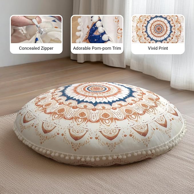 Meditation Cushion 32 Inch Round, Large Floor Pillow Seating for Adults, Bohemian Mandala Yoga Cushion, Extra Thick Memory Foam Removable Washable Cover, Ideal Gift & Holiday Decor, Brown