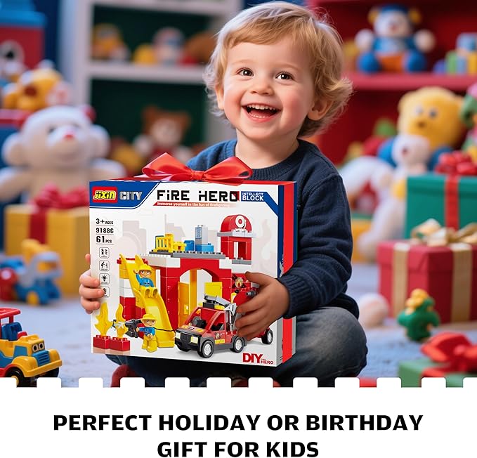 Fire Station Playset, Fire Trucks for Toddlers 3-5, Classic Big Building Blocks Compatible with Lego Fire Station and DUPLOs for Age 3-5, Firefighter Gifts, Firetruck Toys 3-5 Years Old