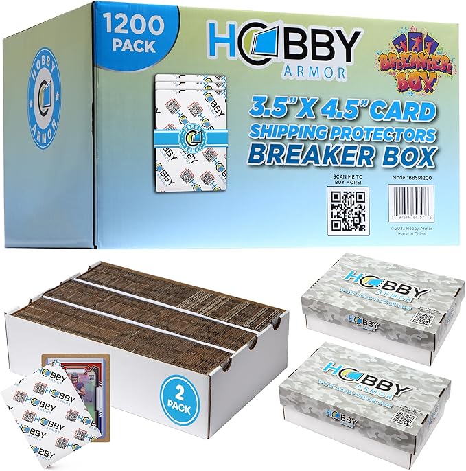 1200 Pack Trading Card Shipping Protector by Hobby Armor, 3.5" x 4.5" with Rounded Corners, Vibrant Multi-Color Card Protectors to Guard Cards From Dings, Bulk Breaker Box, Includes Dual Storage Boxes