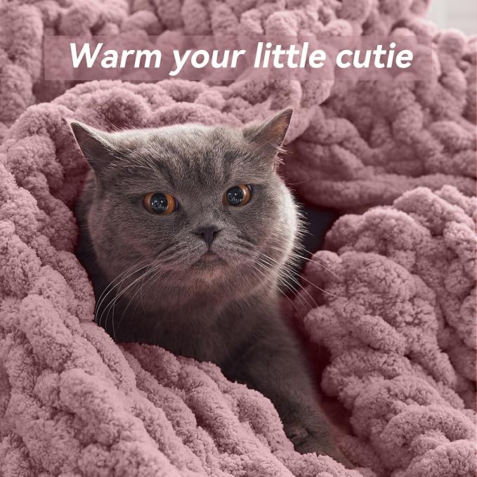 Negwoo Chunky Knit Throw Blanket, Knitted Throw Chenille Yarn, 80"*90" | Soft Thick Cable Knitted Blankets, Handmade Big Thick Blanket, Machine Washable Cute Comfy Blanket for Home Decor, Muted pink