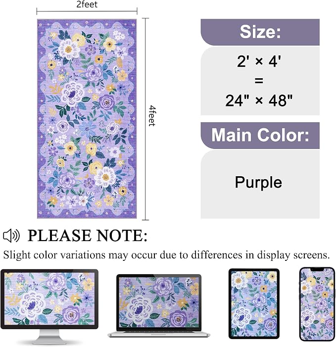 DUKINO 2x4 Entryway Rug, Floral Washable Kitchen Rugs Non Slip, Purple | Low Pile, Soft Indoor Runner Rug for Hallway, Bedroom, Bathroom, Laundry, Pet Friendly, Modern Home Decor, Stain Resistant