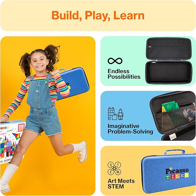 PicassoTiles Magnetic Tile Storage Case 16.5x7.5x3.5in Travel Carry Bag with Handle Water Resistant Organizer Compatible with Magnet Building Block Sets STEM Educational Accessories Oxford Cloth PTA10