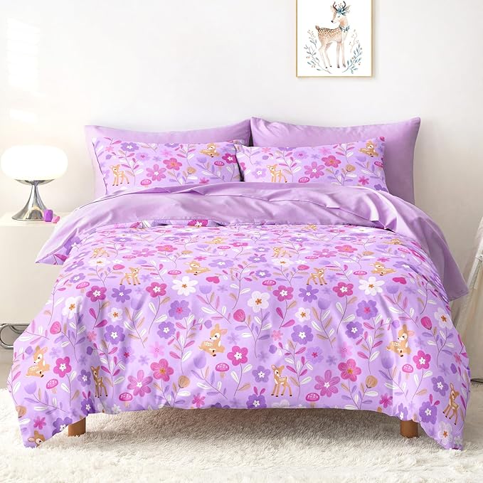 Wake In Cloud - Floral Bedding Set for Girls, Cute Colorful Botanical Flowers Deers Patterned Soft Lightweight Comforter Set with Sheets, 5 Pieces Kids Bed in a Bag, Lavender, Twin Size