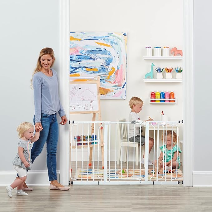 Regalo Safety Baby Gate 56 Inch Extra Wide for Doorways & Bottom of Stairs, Pressure Mount Design for Babies, Toddlers & Pets, Tested & Safe for 30 Years, American Designed, American Owned, White