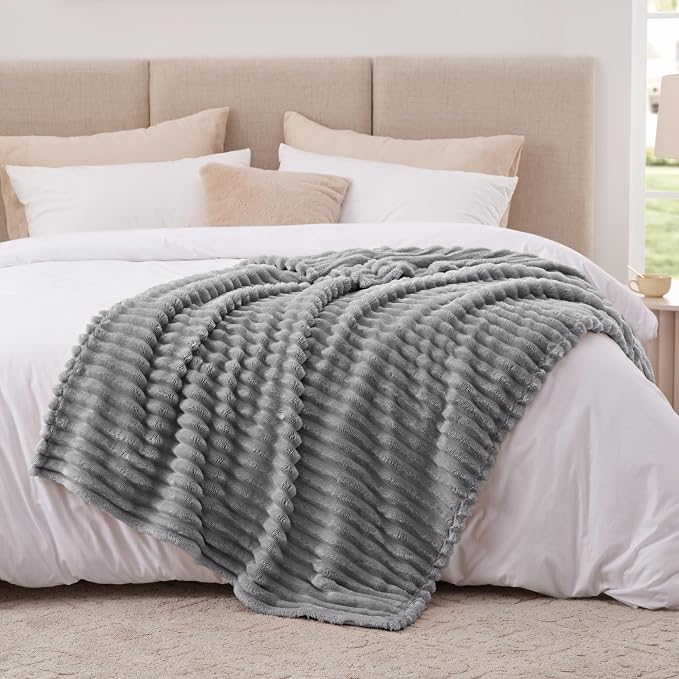 EXQ Home Fleece Blanket Twin Size for Couch or Bed - 3D Stripe Jacquard Decorative Blankets - Cozy Soft Lightweight Fuzzy Flannel Blanket Suitable for All Seasons(60"×80",Light Grey)