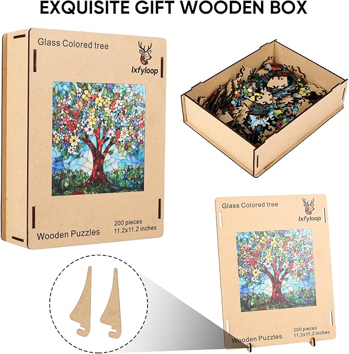 Ixfyloop Stained Glass Wooden Puzzles for Adults, Vibrant Tree of Life Jigsaw Puzzles, 213 Pieces Flower Adults Puzzles, Gifts for Puzzle Lover, 12.2x12.2 inch