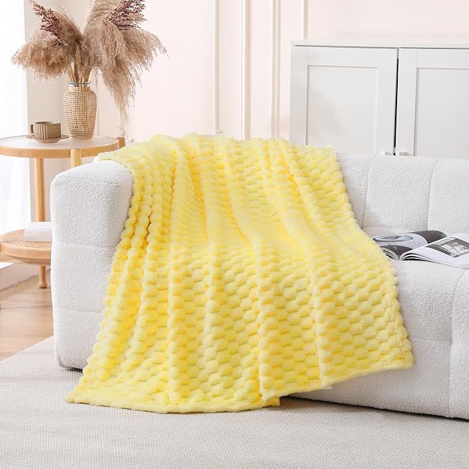Bright Yellow Fleece Throw Blanket 60”×80” for Couch Sofa Bed Super Soft Cozy Plush Microfiber Flannel Blanket with 3D Jacquard Decorative Lightweight for Mom Woman